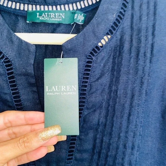 Lauren Ralph Lauren Women's Shirt Tunic Top, Split Round Neck Blouse 100% Linen - Picture 4 of 5